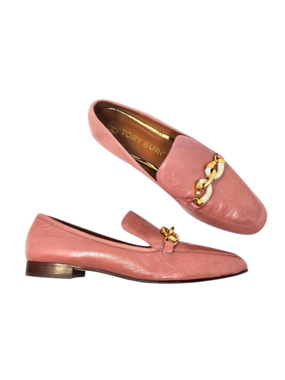Tory Burch Jessa Loafers Slip On Square Toe Leather Rosy Pink Gold Size 8.5M